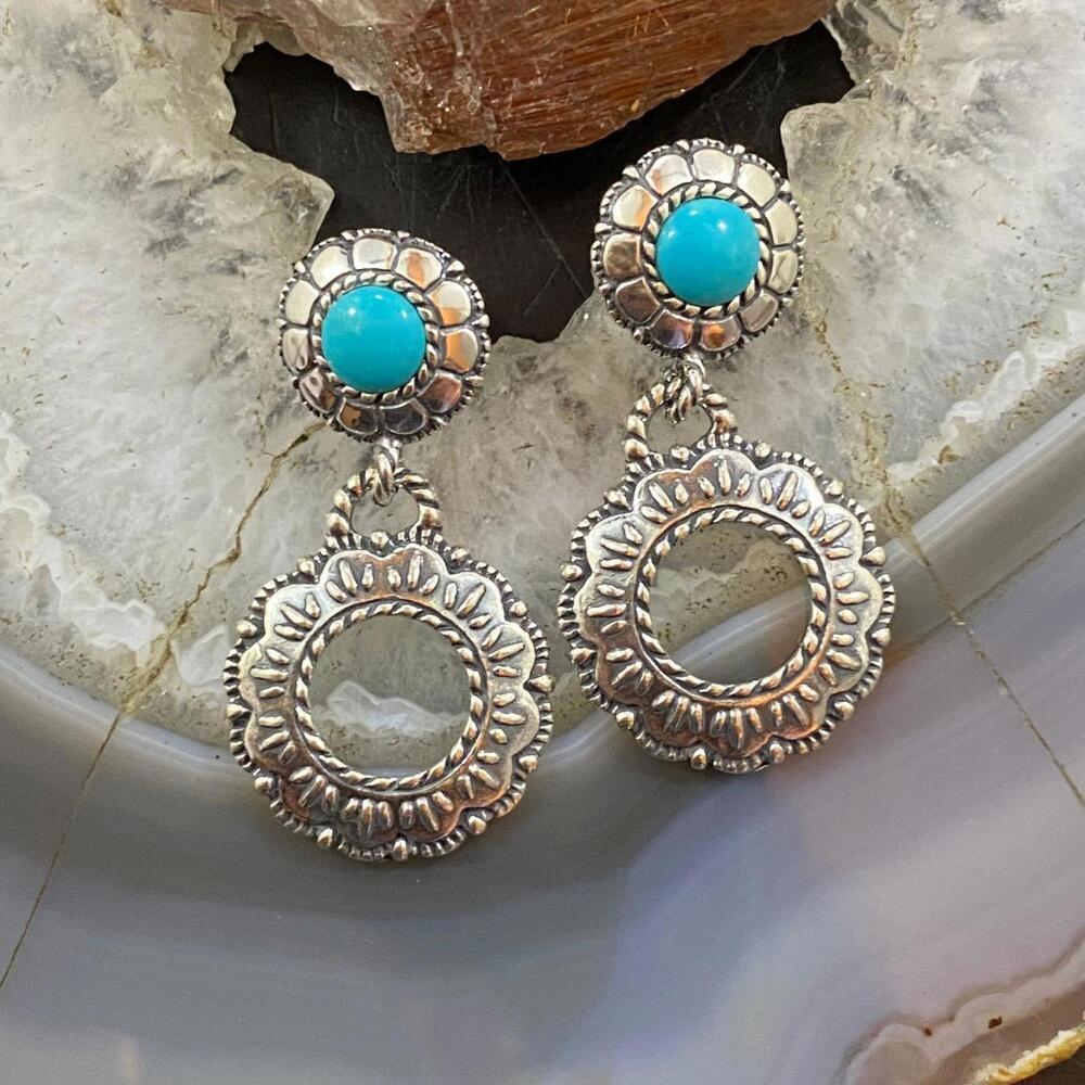 Carolyn Pollack Sterling Round Turquoise Double Flower Dangle Earrings For Women
